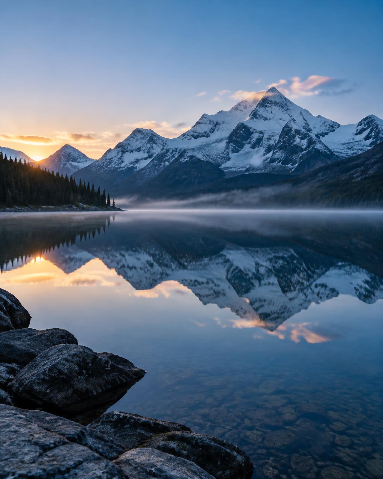 Mountain lake at sunrise